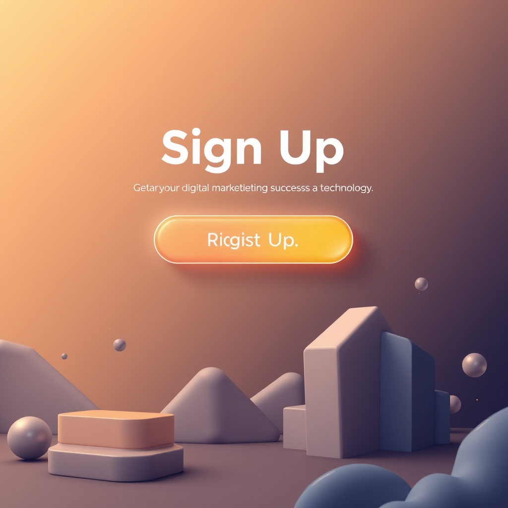 An elegant and encouraging sign-up page concept with a glowing registration button, surrounded by abstract 3D shapes representing growth, digital marketing success, and technology.