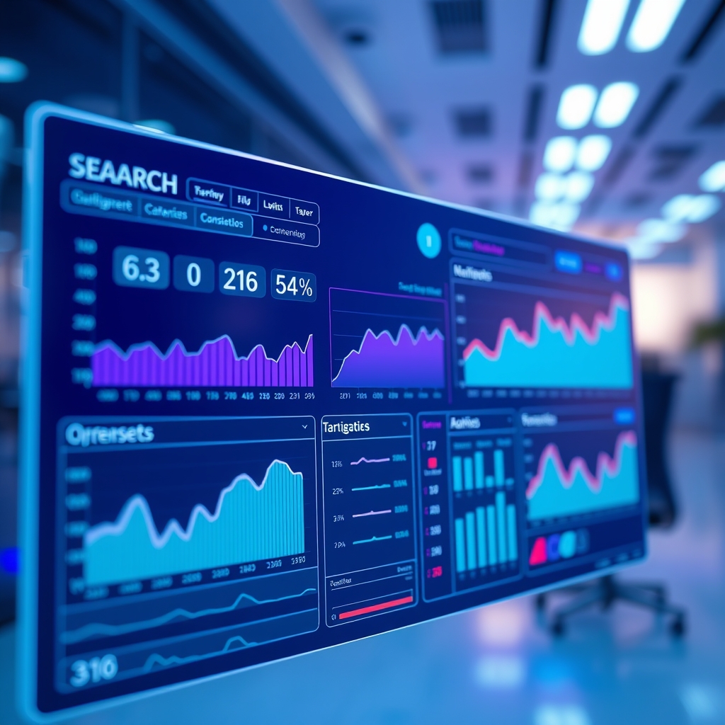A futuristic digital dashboard showing search engine optimization metrics, data visualization, neon blue and purple interface elements, clean high-tech office background, shallow depth of field
