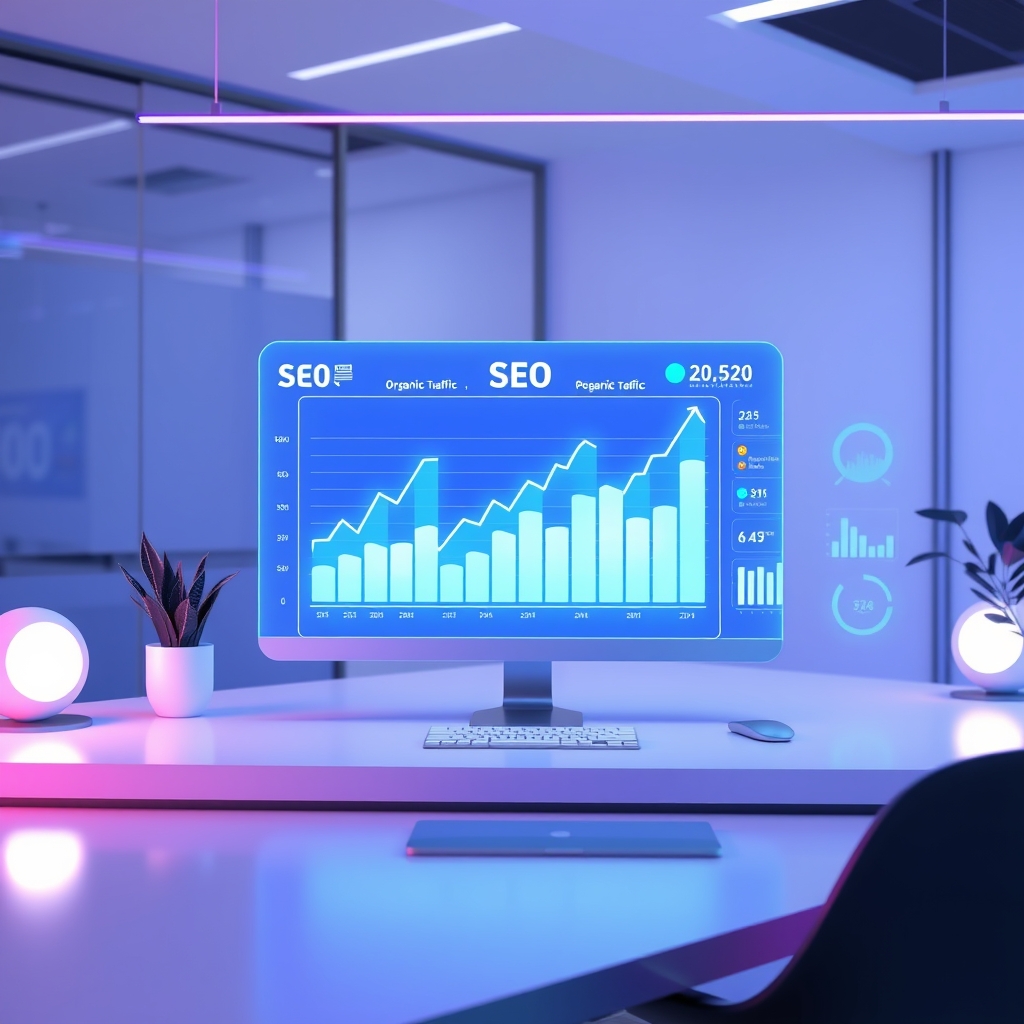 A modern and clean digital workspace with a futuristic holographic dashboard showing SEO performance metrics, upward rising organic traffic charts, and glowing key performance indicators, professional corporate design, soft blue and purple lighting, 3d render style