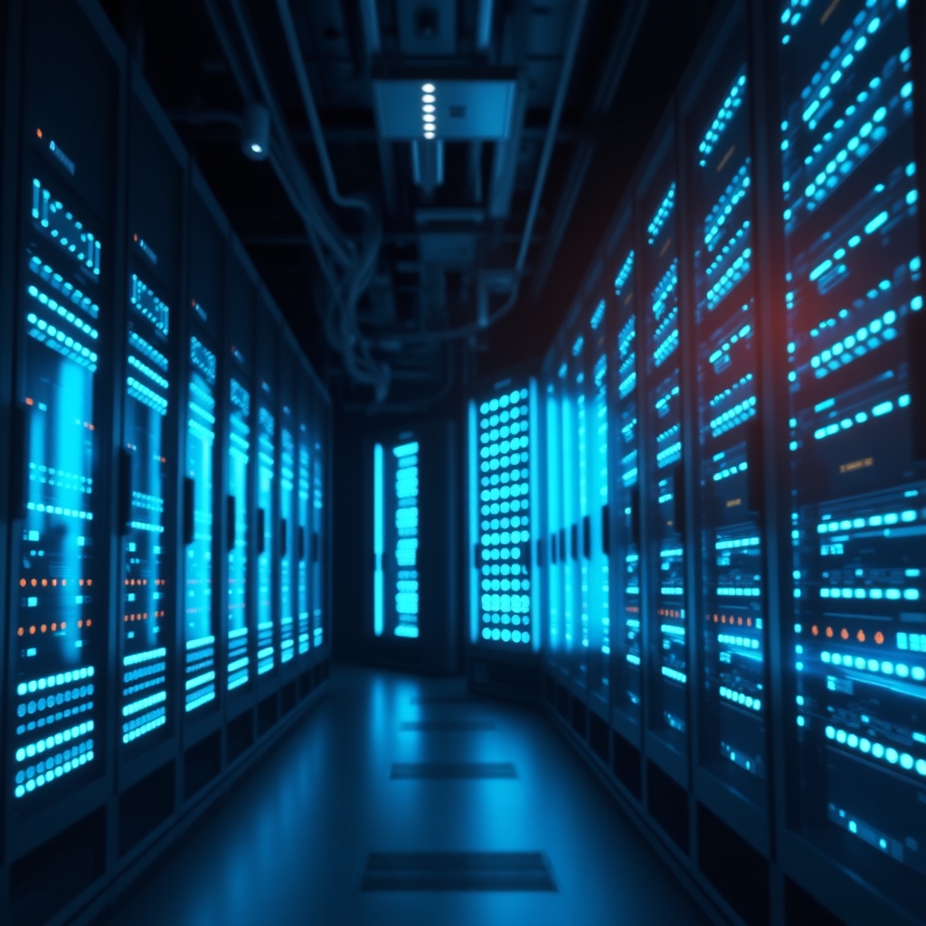 A sleek, minimalist server room with glowing blue LED lights, representing cloud computing and high-speed automated software processing data, cinematic angle, technological depth.