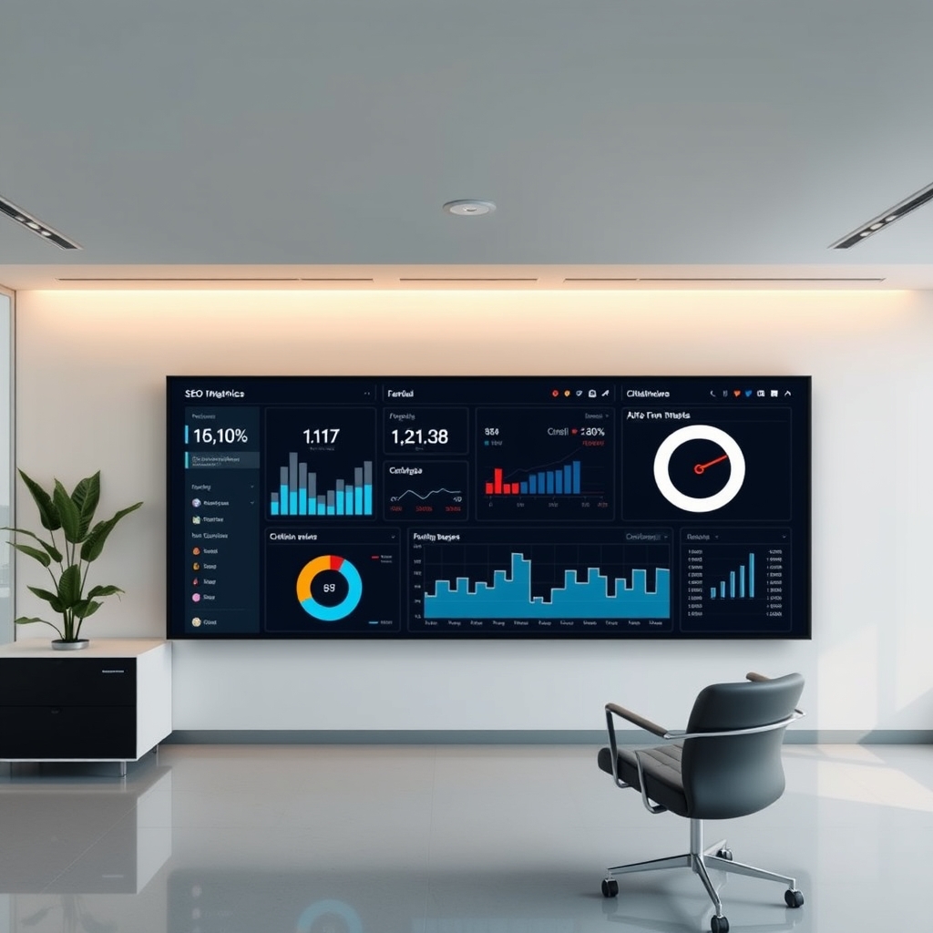 A sleek modern office with a large dashboard display showing advanced SEO metrics, AI chat interfaces, and citation graphs, professional setting, daylight, clean design.