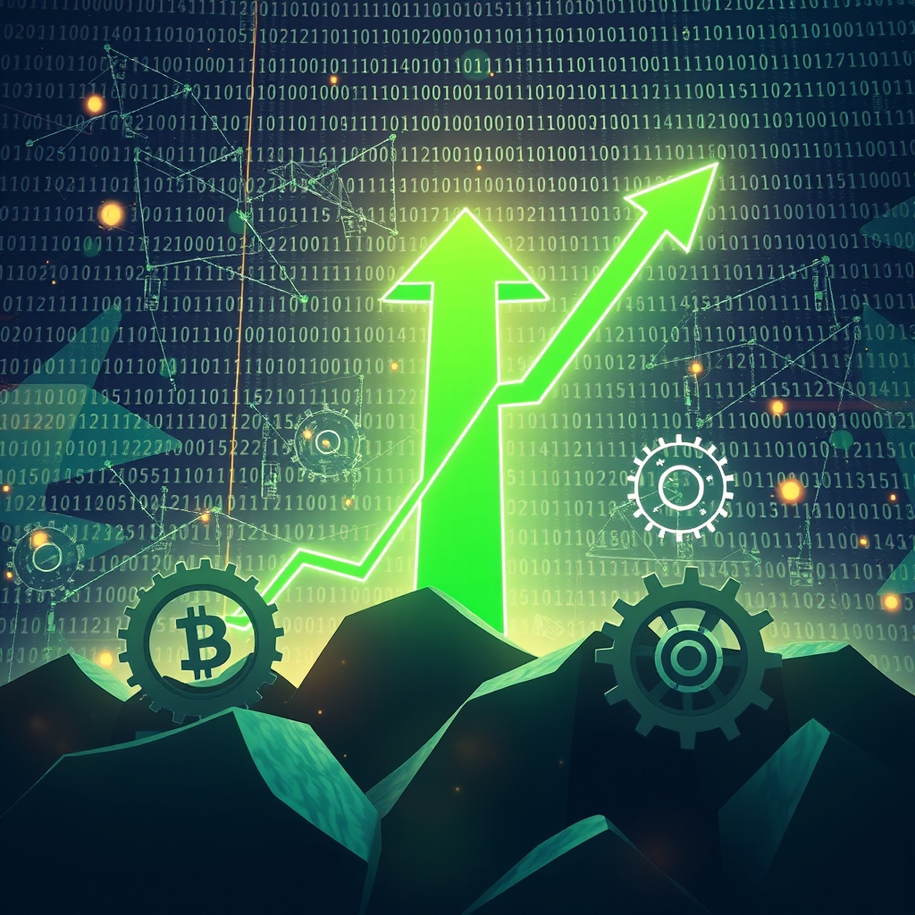 A conceptual illustration of a fast-growing green graph arrow breaking through obstacles towards the sky, surrounded by abstract glowing binary code and gear wheels, business growth concept