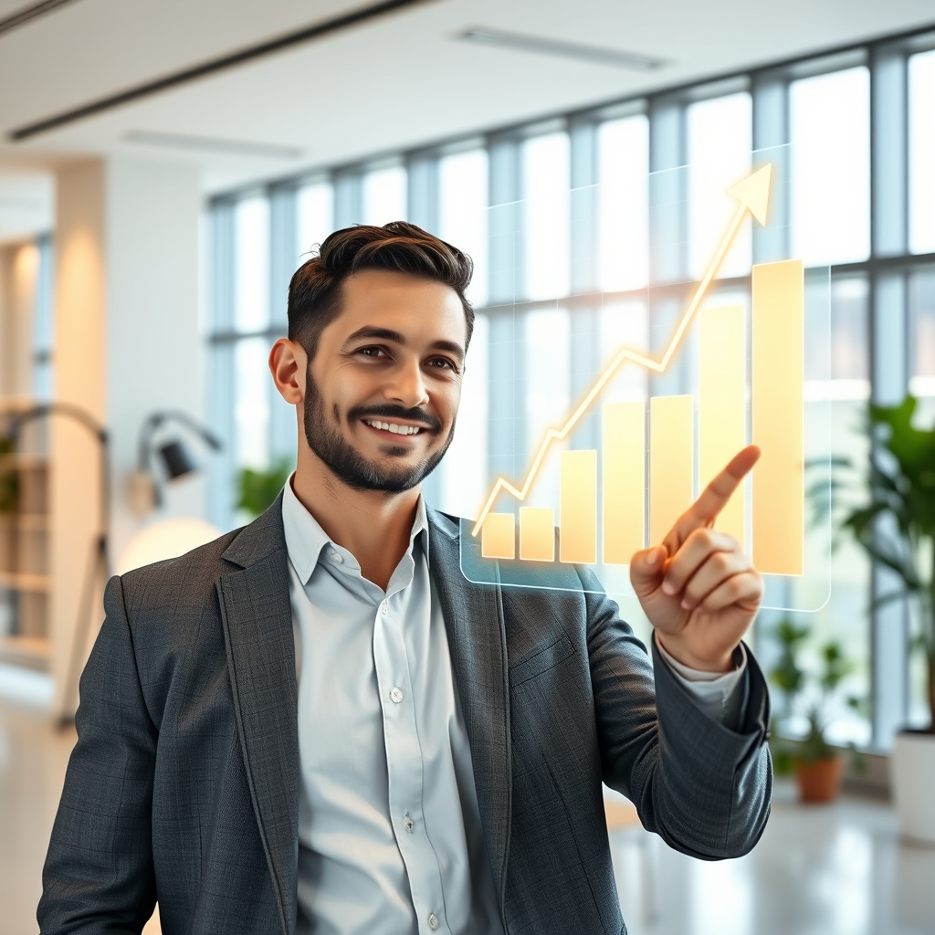 A businessman pointing at a futuristic glowing chart showing rapid organic growth, clean interface, light-filled modern office, optimistic professional atmosphere, high resolution