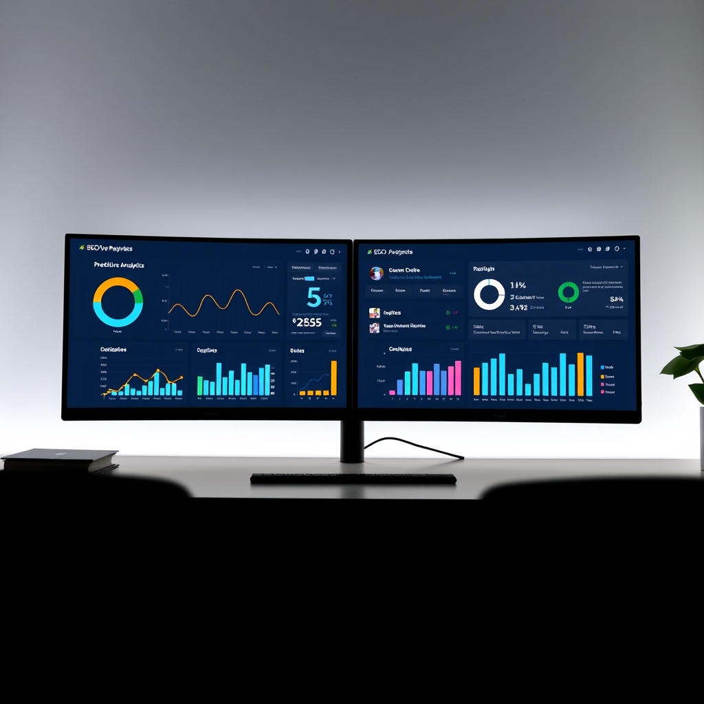 A sleek and professional dashboard interface of a modern SEO software on a dual monitor setup, displaying predictive analytics, semantic keyword graphs, and optimization progress bars.