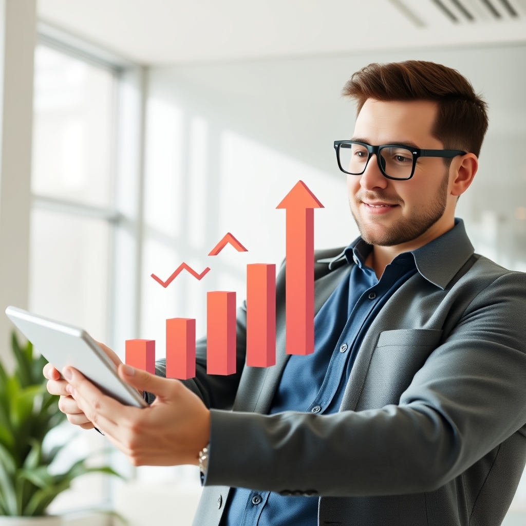 A professional marketer analyzing search ranking growth on a tablet, virtual 3D arrows pointing upwards, bright modern environment, clean and minimalist design