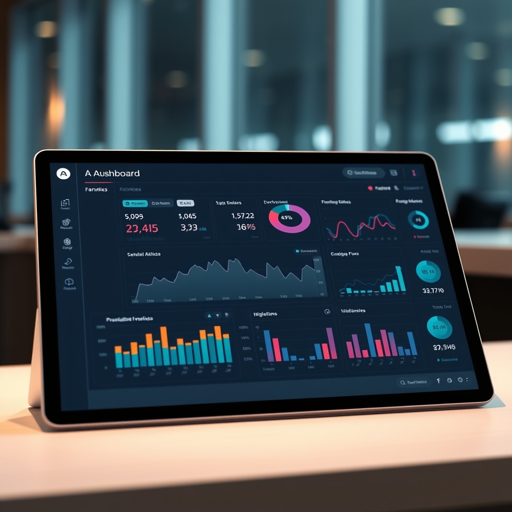 A professional digital dashboard interface showing analytics data, graphs, and performance metrics on a tablet screen, soft background lighting, modern business environment