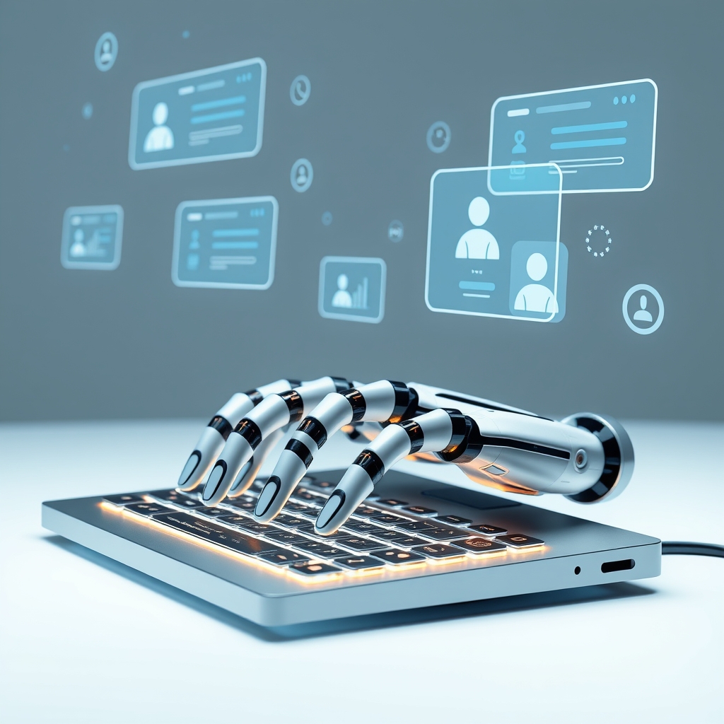 A sleek robot hand typing on a futuristic keyboard with glowing keys, surrounded by floating virtual web pages and positive ranking indicators, clean minimalist background