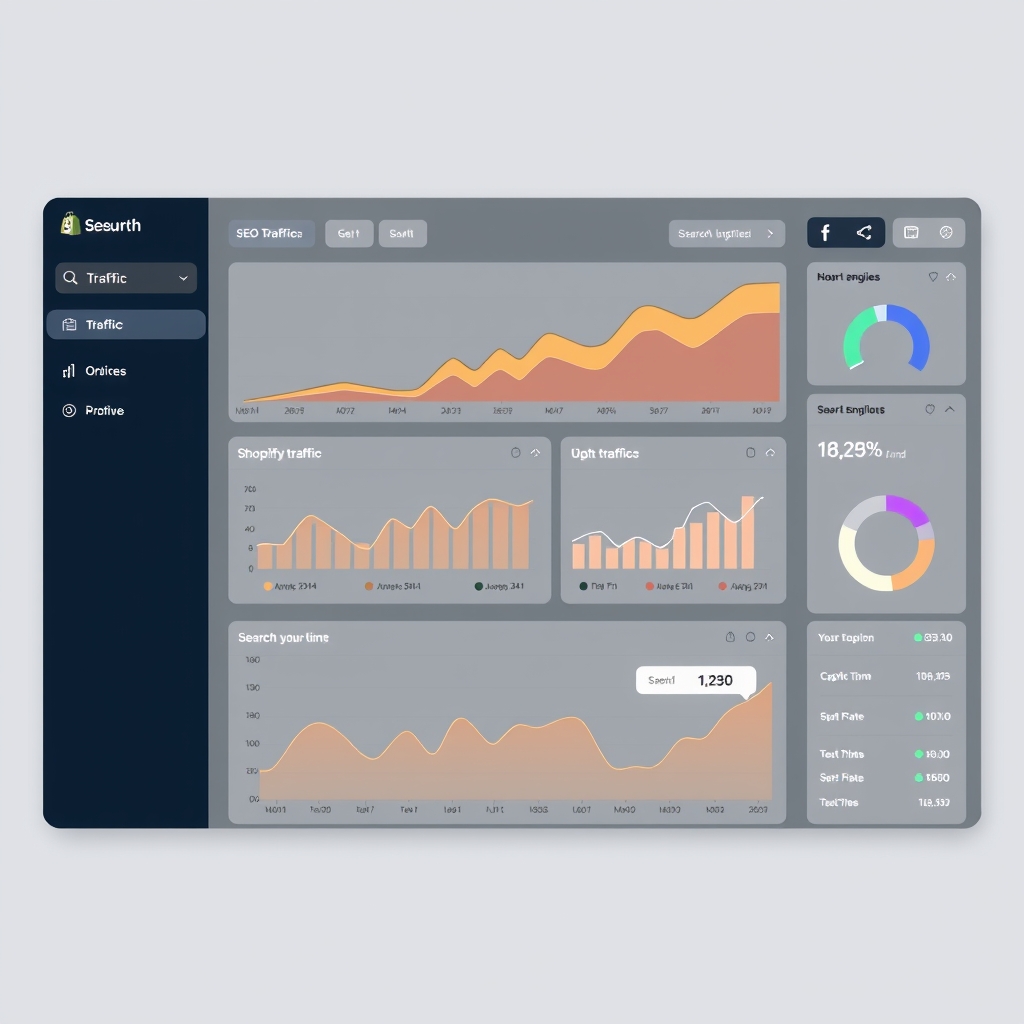 A modern and clean digital dashboard showing growing SEO traffic charts, Shopify store analytics, and search engine optimization metrics, minimalist tech style