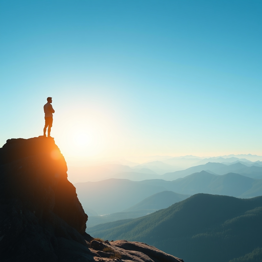 A person standing on a mountain peak looking at a digital horizon, representing foresight and strategic planning, clean minimalist style, bright morning light, professional business concept.
