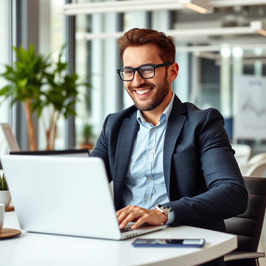 A successful entrepreneur happily looking at a laptop screen showing rising sales graphs and high search engine rankings, bright and modern office environment