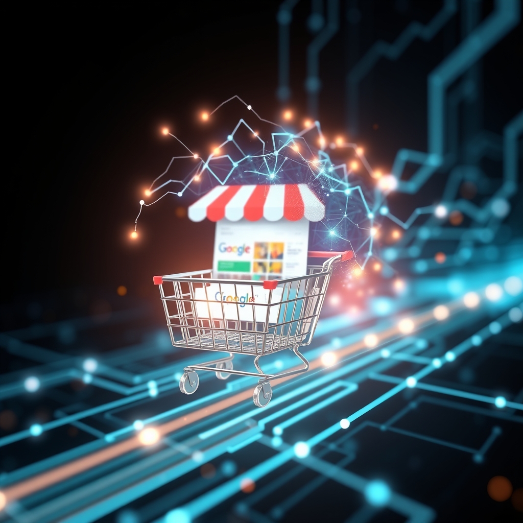 An abstract representation of artificial intelligence optimizing an online e-commerce shop, glowing data streams connecting products to Google search results, clean and professional