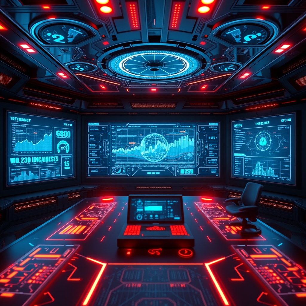 A futuristic digital command center with glowing holographic screens showing data streams, website ranking metrics, and artificial intelligence nodes, high-tech aesthetic