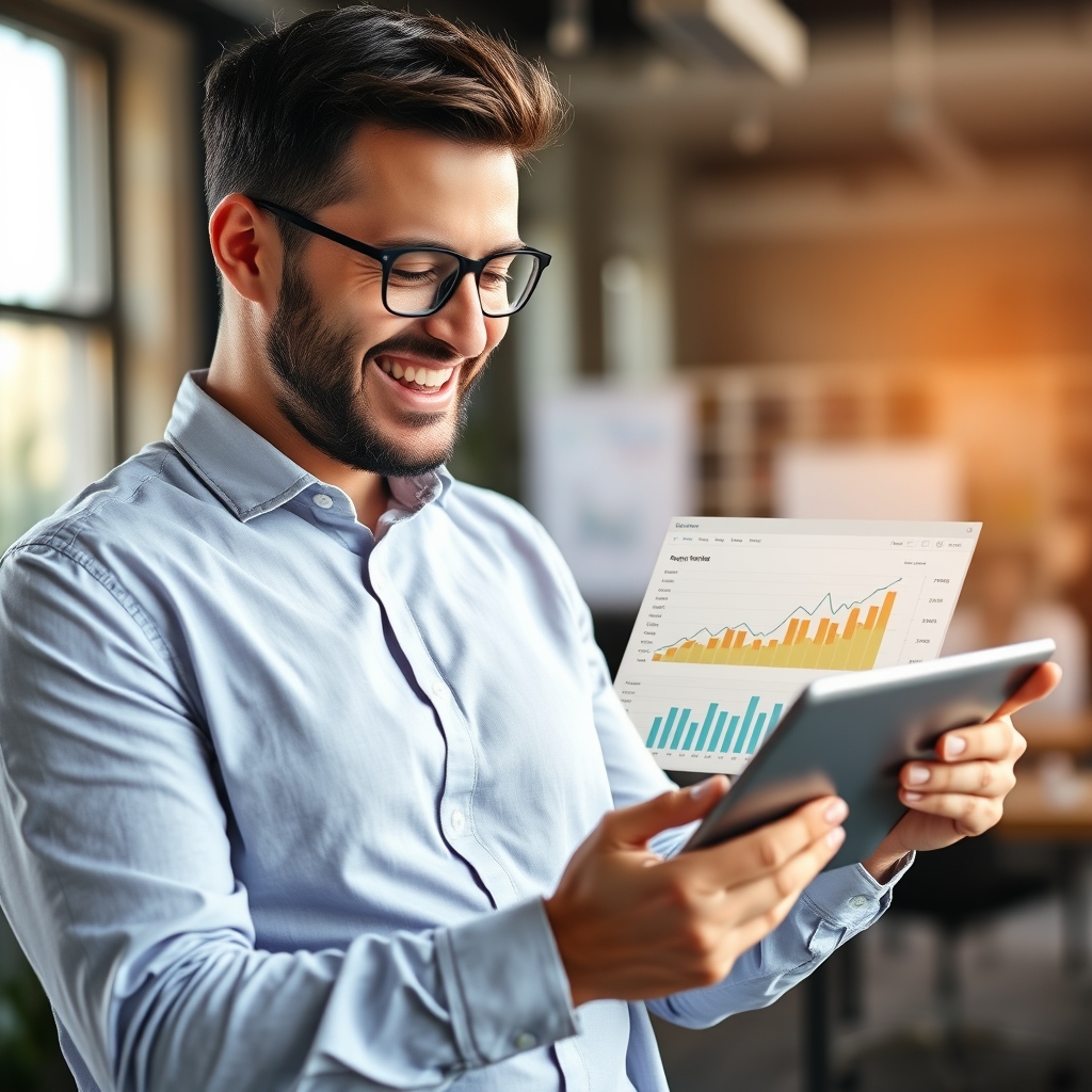 A successful entrepreneur happily looking at a tablet showing rapid organic traffic growth charts, modern office background, warm natural light, shallow depth of field