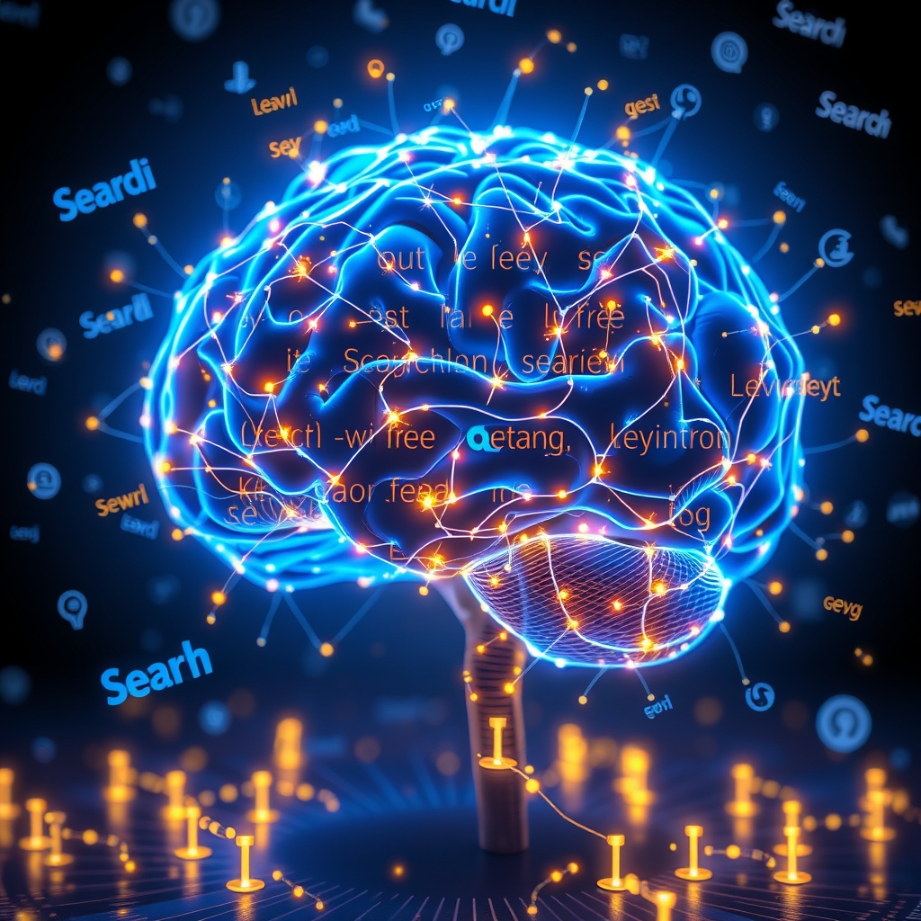 An advanced artificial intelligence brain structure made of glowing blue and gold light connections, surrounded by floating keywords and search engine ranking icons, cinematic lighting.