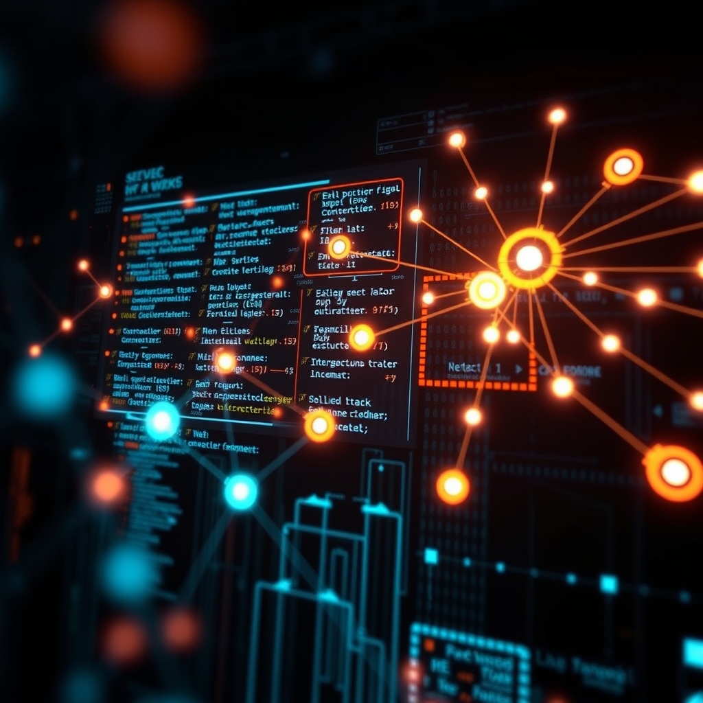 A conceptual visualization of structured data, semantic networks, and connected nodes glowing in a dark cyber environment, symbolizing advanced technology and web optimization
