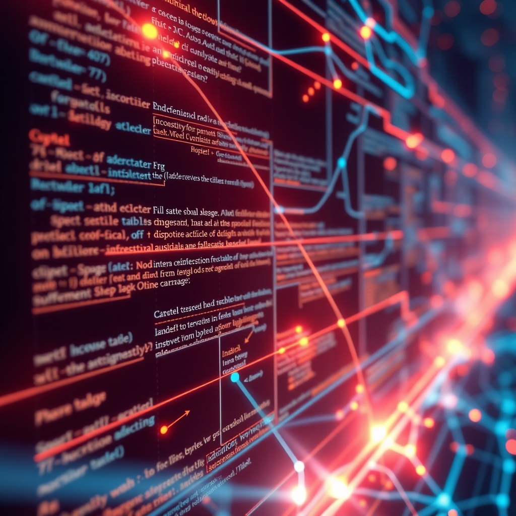 An abstract conceptual visualization of an artificial intelligence neural network analyzing structured text paragraphs and tables, glowing connections, high tech style