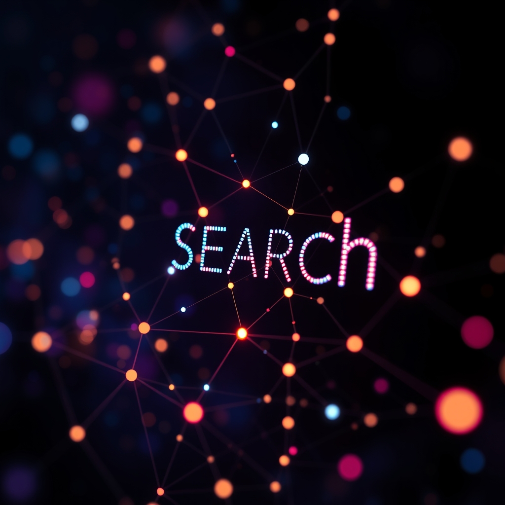 Abstract representation of artificial intelligence processing search queries, glowing neural networks connecting dots, data streams, dark background with vibrant neon highlights, cinematic depth of field.