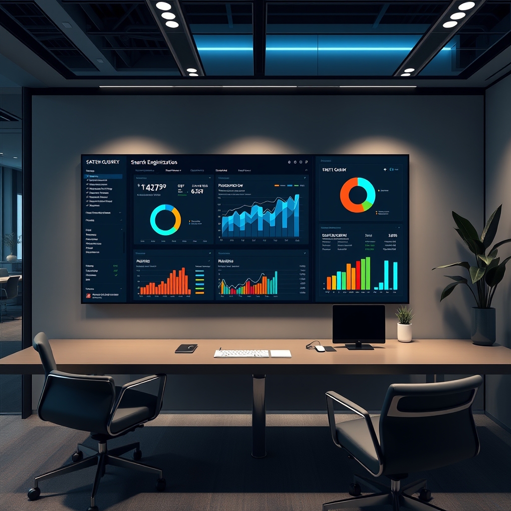 A sleek business office setting with a digital dashboard showing data analytics, charts, and metrics related to search engine optimization, modern aesthetic
