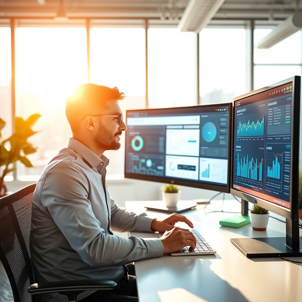 An expert marketer working in a brightly lit modern office, looking at dual monitors showing automated SEO workflows, neural network connections, and website ranking statistics, professional and optimistic atmosphere.