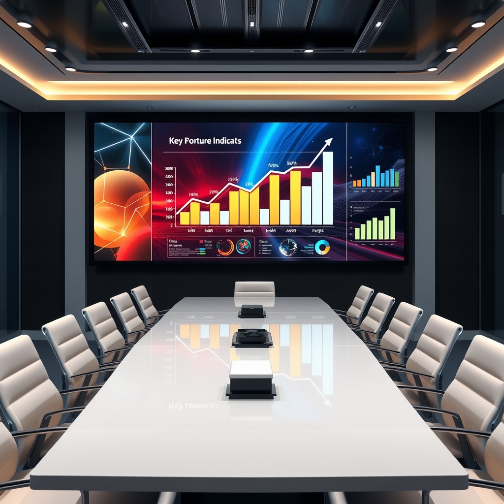 An elegant and modern conference room with a large screen displaying positive growth graphs, key performance indicators, and abstract digital art, bright professional atmosphere
