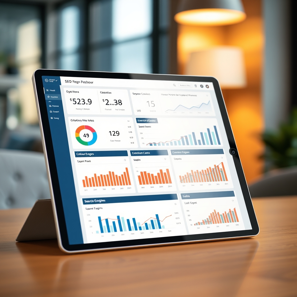 A professional dashboard on a sleek tablet displaying SEO metrics, citation rates, and search engine performance graphs, with a warm office background out of focus, realistic corporate photography
