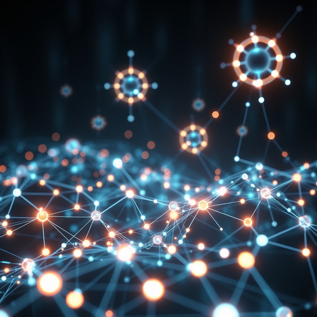 A futuristic digital landscape with glowing nodes and interconnecting data streams representing modern web search and AI systems, clean composition, professional lighting