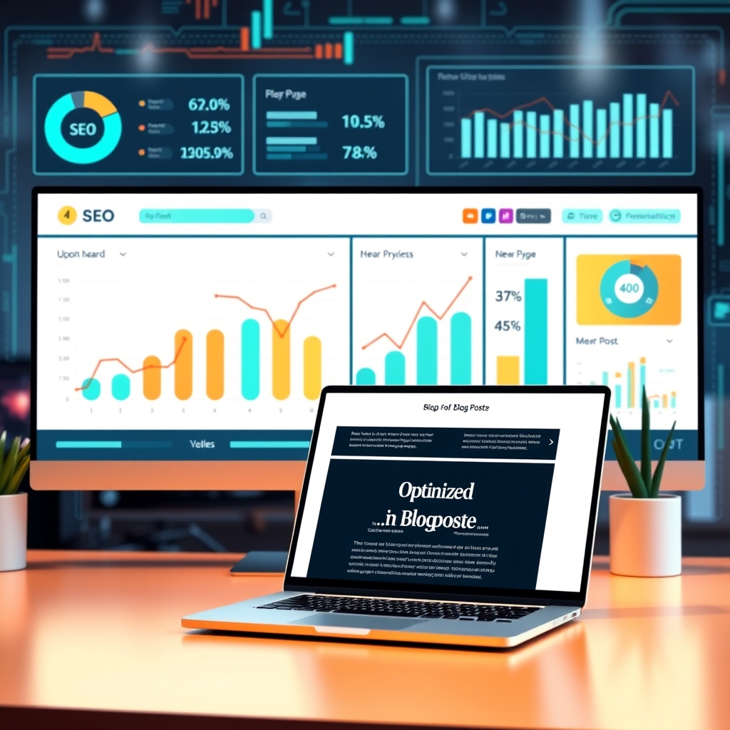 A professional digital workspace with a high-tech dashboard displaying SEO metrics, graphs growing upwards, and a sleek laptop showing an optimized blog post structure, vibrant and modern tech aesthetic.