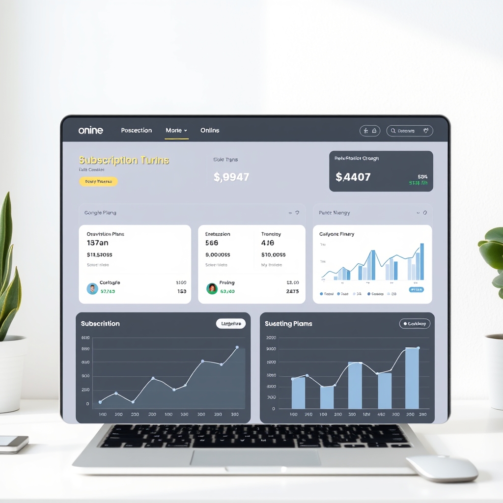 A professional online dashboard showing subscription plans and financial growth graphs, minimalist business design, bright and clean workspace background