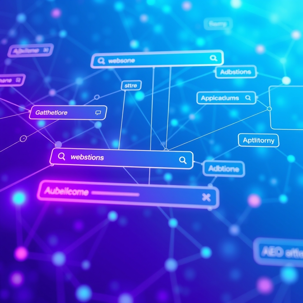 An abstract visualization of artificial intelligence algorithms connecting websites, search bars, and chat bubbles, representing modern GEO and AEO optimization, futuristic blue and purple lighting