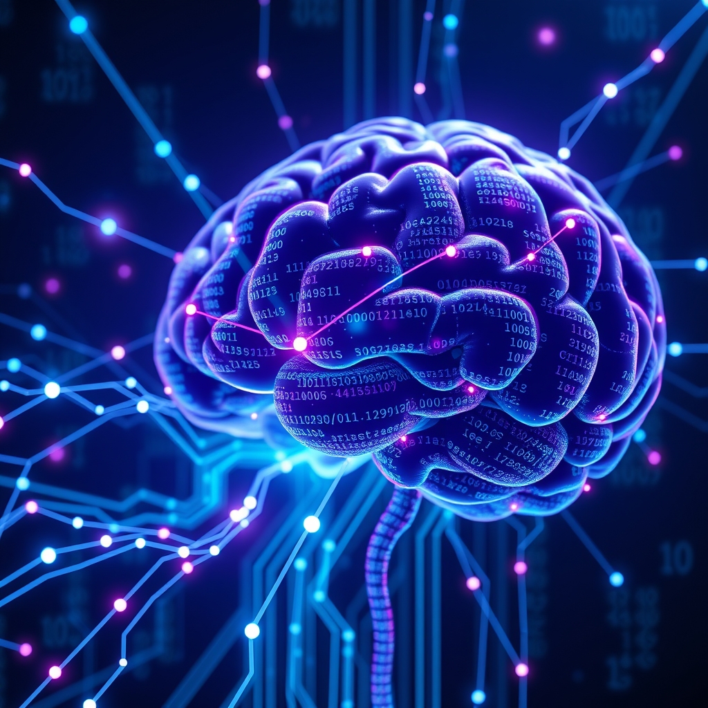 An abstract representation of data flowing into a large language model brain, glowing connection lines, binary code, web pages transforming into answers, high-tech aesthetic, dark blue and purple tones