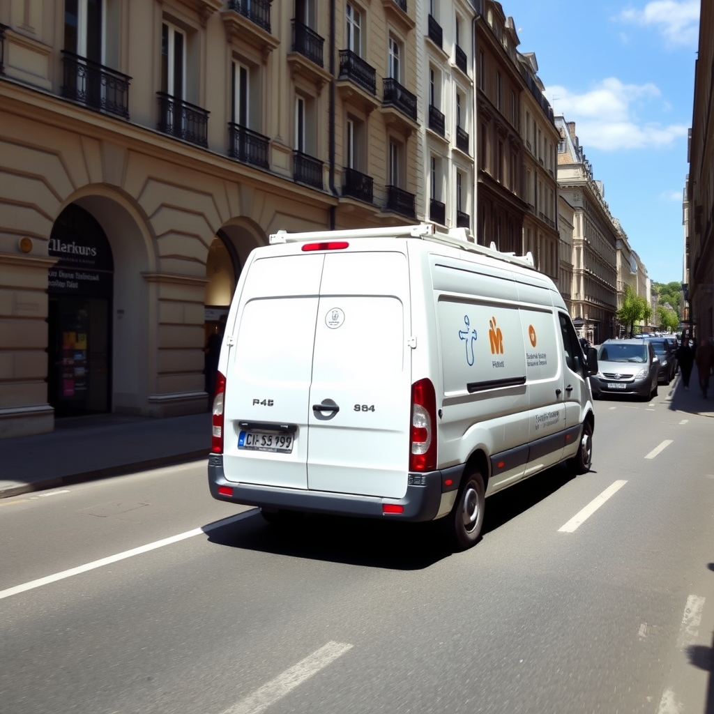 A clean, modern white service van with subtle plumbing icons driving through a historic street in Paris, sunny day, professional and reliable local business atmosphere.