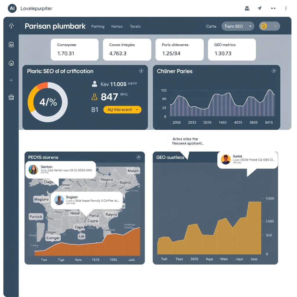 An interactive digital dashboard showing local SEO and GEO metrics for a Parisian plumbing business, with maps of Paris and AI search assistant conversation bubbles, clean corporate design.