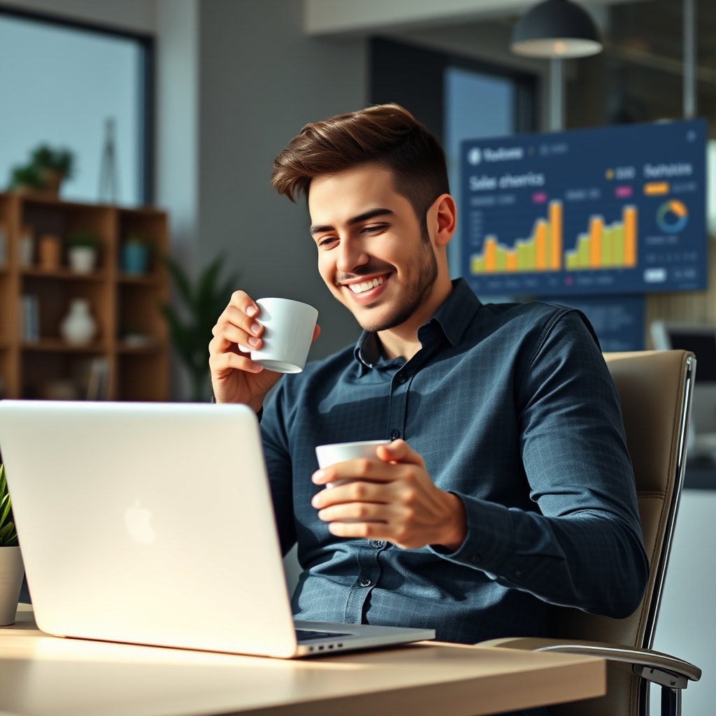 A successful young e-commerce owner smiling, leaning back in his chair with a cup of coffee, looking at a laptop screen that shows positive sales analytics, bright modern office, realistic photography.