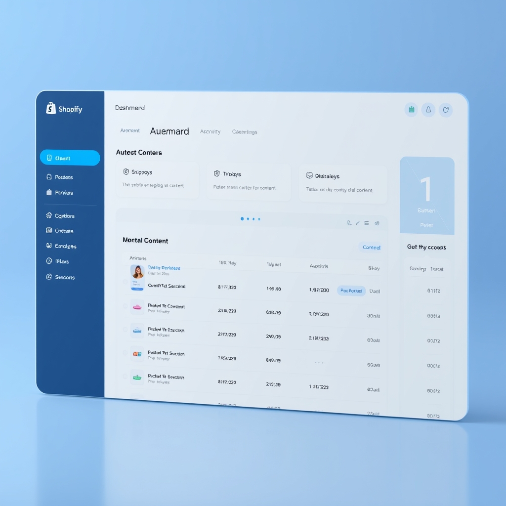 A clean dashboard interface showing automated content integration with Shopify, modern web design aesthetics, subtle blue and white neon tones, 3D render style.